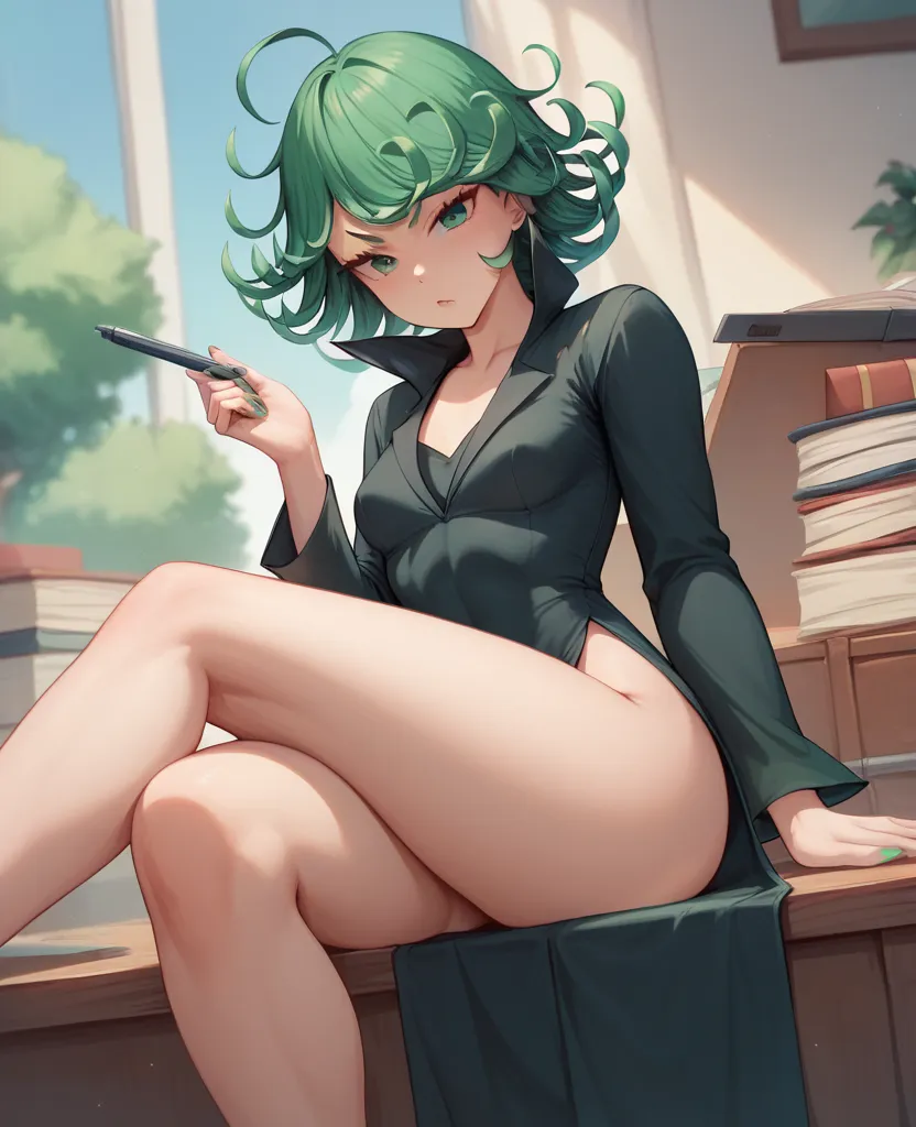 NSFW,masterpiece, best quality , high resolution, very detailed,Tatsumaki、 green hair、 green eyes、 black dress 、 short hair while on a business trip、Curly Hair、 thighs