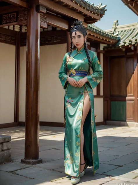 ((full body)), samdoesarts style award winning full body portrait of a beautiful woman, (( perfect feminine face )),((Ancient Chinese Green Clothing)), ((Green Peking Opera Costume)), (long sleeve) Gazebo, complicated, ( beautiful detail eyes on blue backg...