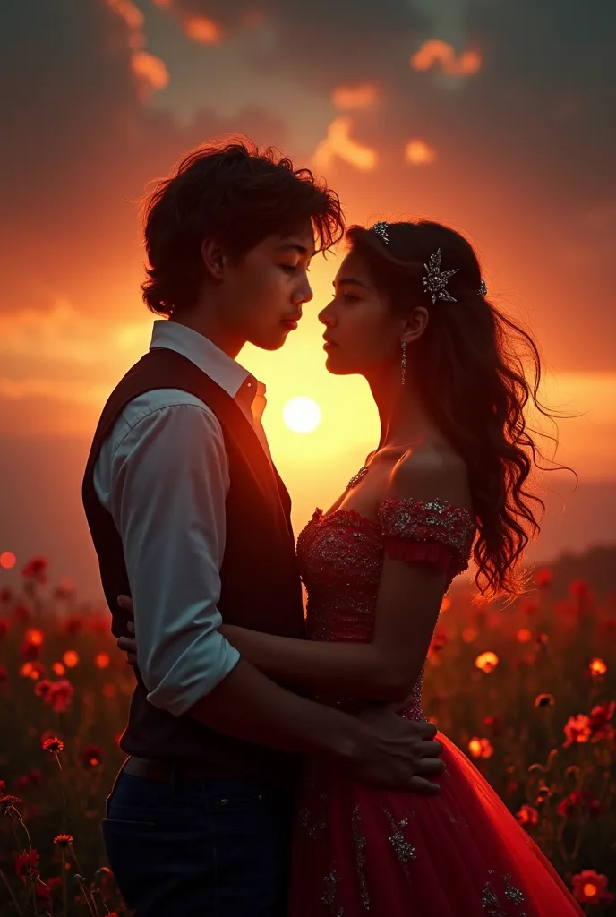 make this image like a movie poster or movie cover, ang name it Romeo and Juliet, make it beautiful and mesmerizing, make it aesthetic, make it like a real movie cover for our upcoming movie, if you need to change the background to make it more beautiful t...