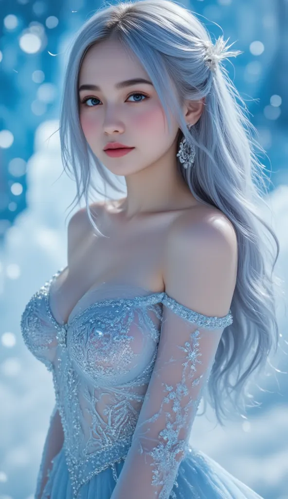 "masterpiece, best quality, advanced details, High Resolution, 1 person, Divine Being, Divine Magic, Ice Goddess,  standing in a frozen wilderness ,  Her presence brings eternal winter . Her Eyes, center, Shining with the sparkle of glacier water,  reflect...