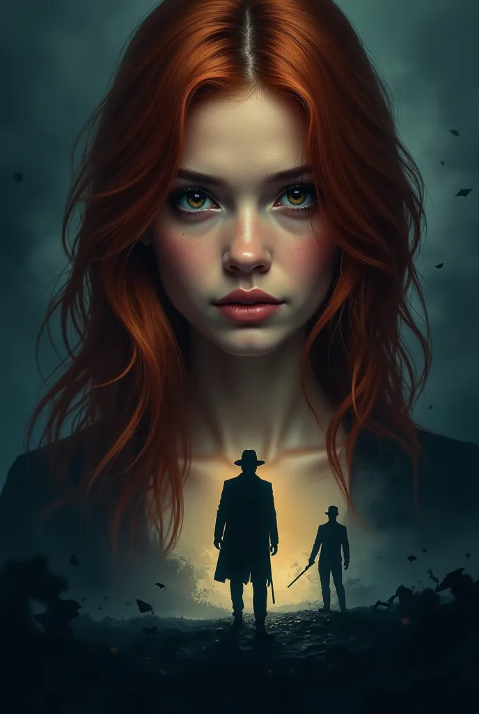 Imagine a fascinating and visually captivating cover. in the middle, The protagonist stands out for her beautiful facial features, her reddish brown hair in soft waves falling, framing her face with intense beauty. Her honey-colored eyes are deep and expre...