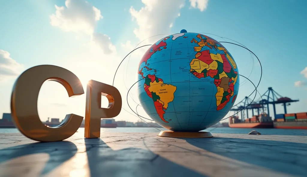 Angled aerial photography. A cinematic shot of the letters 'CP world egypt' in 3d beside a big standing 3d globe map with connecting lines in a cargo port background , beside the globe is , under the bright midday sun. Shot with a wide lens from a slight s...