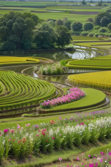 very beautiful rice fields full of beautiful colorful flowers in detail