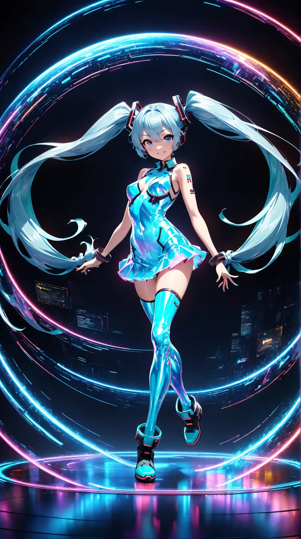 holography,  in neon colors,  Beautiful Holographic _ cyber girl in,  Neon Hologram Suit ,   shiny cyberpunk futuristic costume, ((Hatsune Miku, light blue eyes, light blue hair tied at the top, bungs, full body, Between the eyebrows, long hair, Twin Tails...