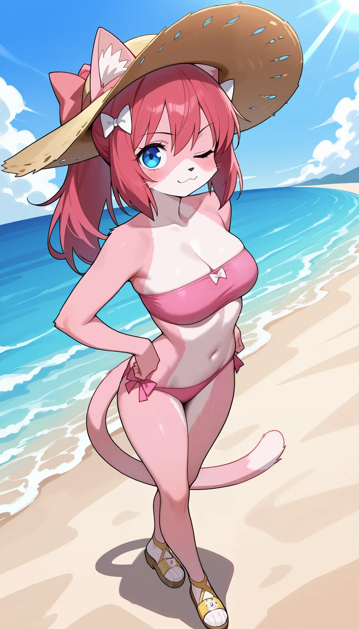 score_9,score_8_up,score_7_up, source_cartoon, source_furry, 1girl, furry cat, red hair, knight bangs hairstyle, long ponytail, anime style, medium breasts, blue eyes, cat ears, cat tail, cat features, ((bright pink bikini Bandeau with bow in the center, s...