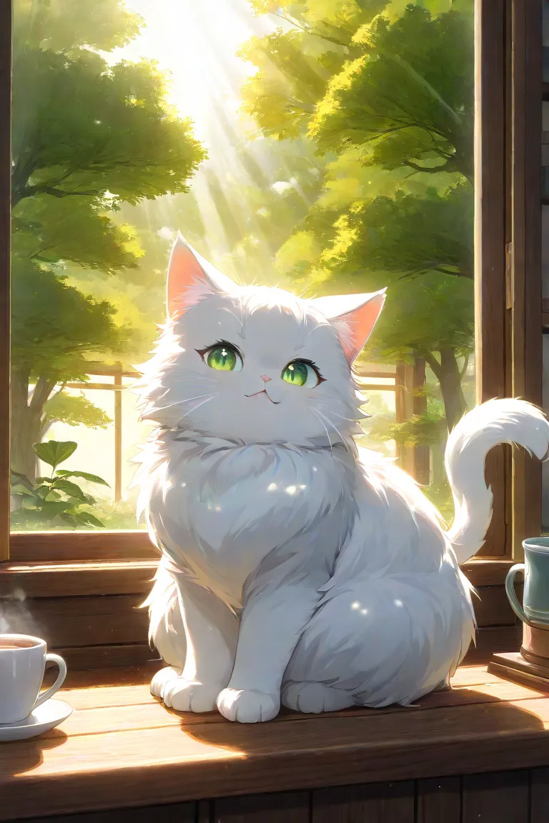 Ultra-detailed 4K digital art of a chubby, fluffy white cat with striking green eyes sitting on a polished wooden windowsill. Sunlight streams through a slightly open window, casting warm golden light. Outside, green trees sway gently, and a cool breeze ru...