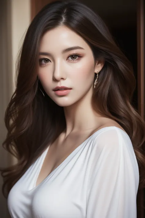 （best quality，High resolution，master piece：1.3），tall and beautiful woman，frontage，Long dark brown hair with loose waves,big breasts，V-neck white shirt，dark alley，Beautifully rendered facial and skin texture details，charming eyes，charming eyes，double eyelid