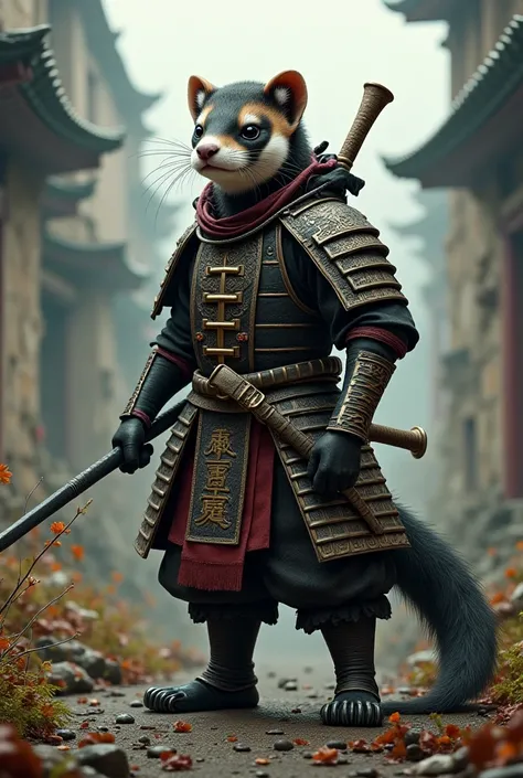 A fierce samurai ferret with an eye patch and evil magic aura on a ruin city