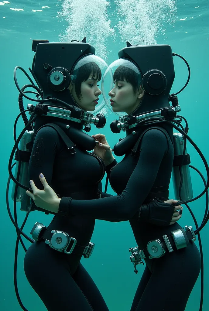 2girls, breathplay, diving suits, plexiglass  domed diving helmets, underwater, oxygen denial, love turning each others oxygen valves off, love making, desperation, euphoria SEX