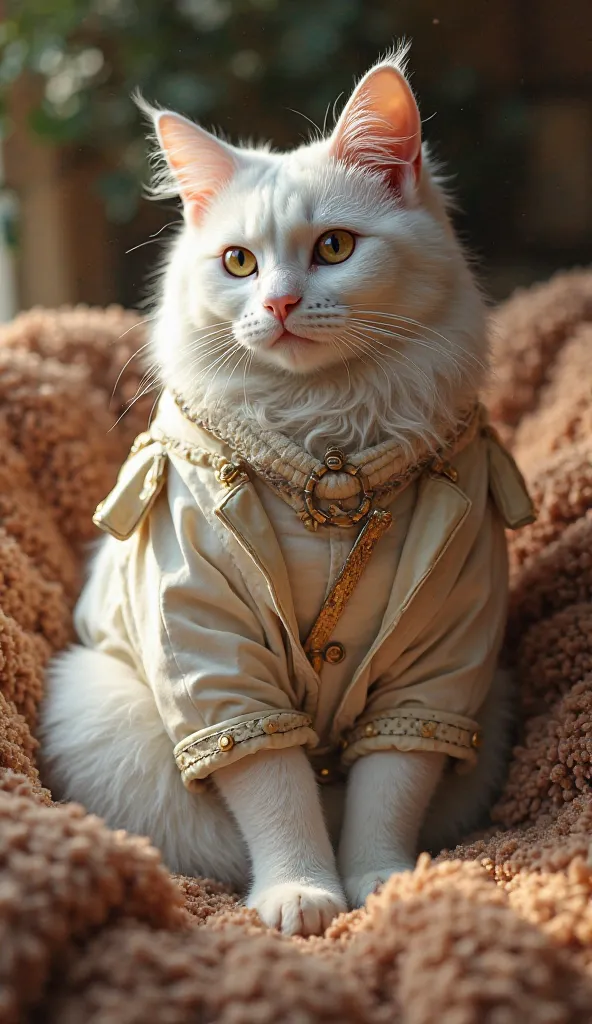 . image rich in detail and ultra realistic quality of a white cat at home , She wears clothes , the color of the image is clear and sharp