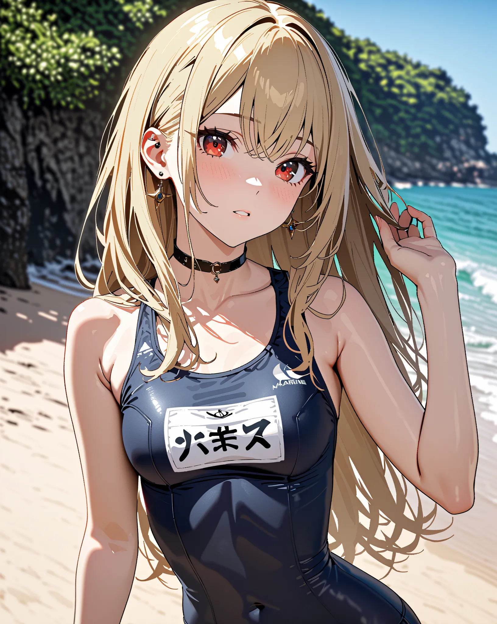 school swimsuit, Small breasts, kitagawa marine, beach,  1girl , blonde hair, long hair, multicolored hair, red eyes, jewelry, earrings, piercing, black choker, masterpiece:1.5, highest quality, UHD, retina, masterpiece, accurate anatomy, super detailed, h...