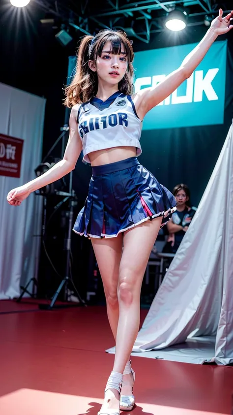 A beautiful young Japanese woman, 20 years old, with perfect anatomy, healthy thighs, beautiful feet, flawless skin, random hair color and style, large bust, (she is standing:1.2), wearing a cheerleader uniform with micro-pleated miniskirt, in a full body ...