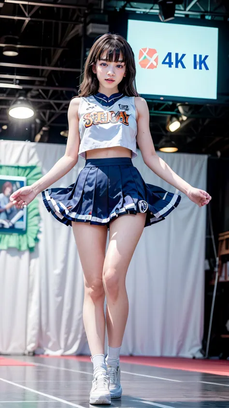 A beautiful young Japanese woman, 20 years old, with perfect anatomy, healthy thighs, beautiful feet, flawless skin, random hair color and style, large bust, (she is standing:1.2), wearing a cheerleader uniform with micro-pleated miniskirt, in a full body ...