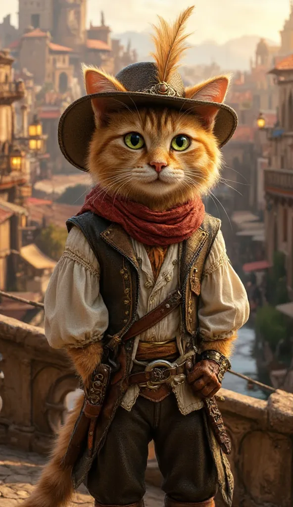 **Prompt:**  
"Puss in Boots, the swashbuckling feline hero, is depicted as a **real character** with ultra-realistic, highly detailed features. His face is expressive and charismatic, with large, almond-shaped green eyes that gleam with mischief and confi...