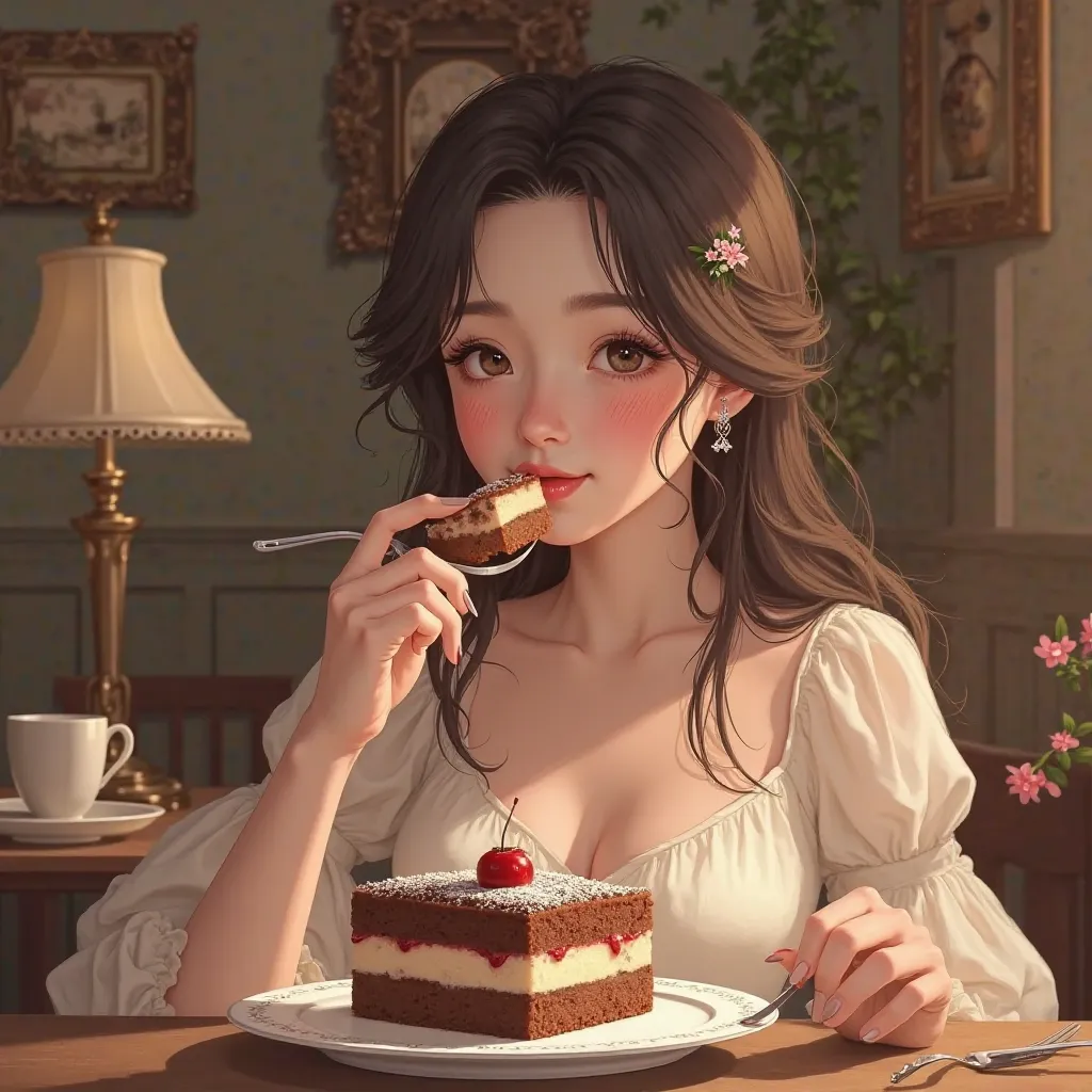 A beautiful girl eating a delicious cake 