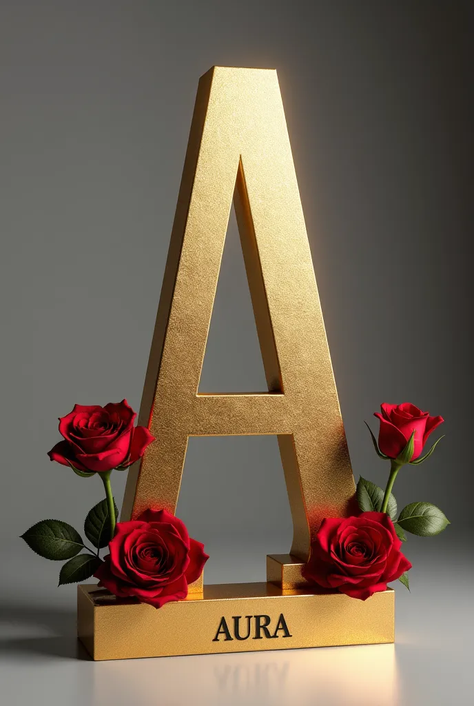 A luxurious gold letter “A” with a reflective metallic finish, stands tall against a soft gray gradient background. The letter is adorned with two realistic deep red roses with soft petals, one positioned in the upper left corner and the other on the cente...