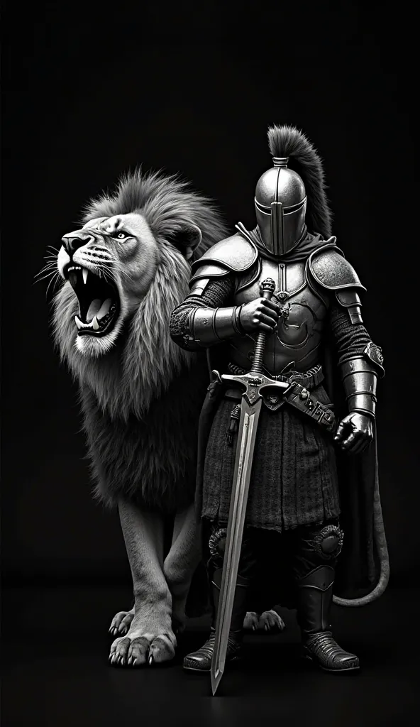 Aqui está o prompt em inglês para gerar sua imagem no SeaArt com o leão rugindo e o guerreiro com armadura e espada:

"A powerful roaring lion in black and white, with detailed fur and fierce expression, facing forward. Beside the lion, a warrior in shinin...