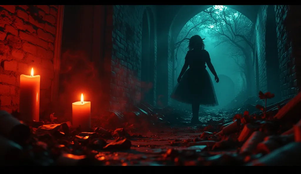 ". A cover image for YouTube channel about horror and magic stories. It expresses the story of a girl experiencing scary events due to magic. dark and terrifying background with a legendary atmosphere, containing elements such as: . A girl who seems afraid...