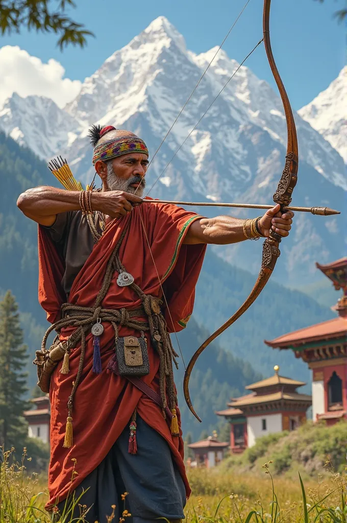 Bhutanese man playing archery 