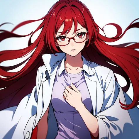 A 30-year-old woman with long red hair, glasses, and a white coat in a white background