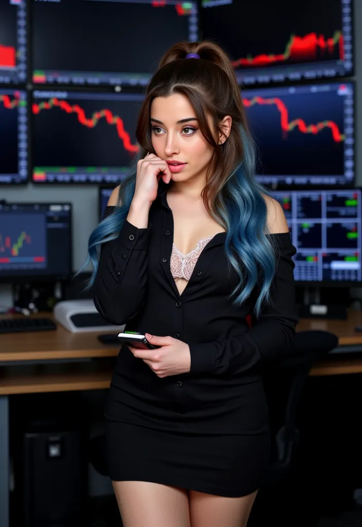 age 26, and , ( masterpiece,  resolution 4k, high detail, very detailed) a charismatic influencer with long blue-black hair, tied in a tall ponytail, wearing a black dress shirt with sleeves folded, revelando um smartwatch exibindo o preço do Bitcoin plumm...