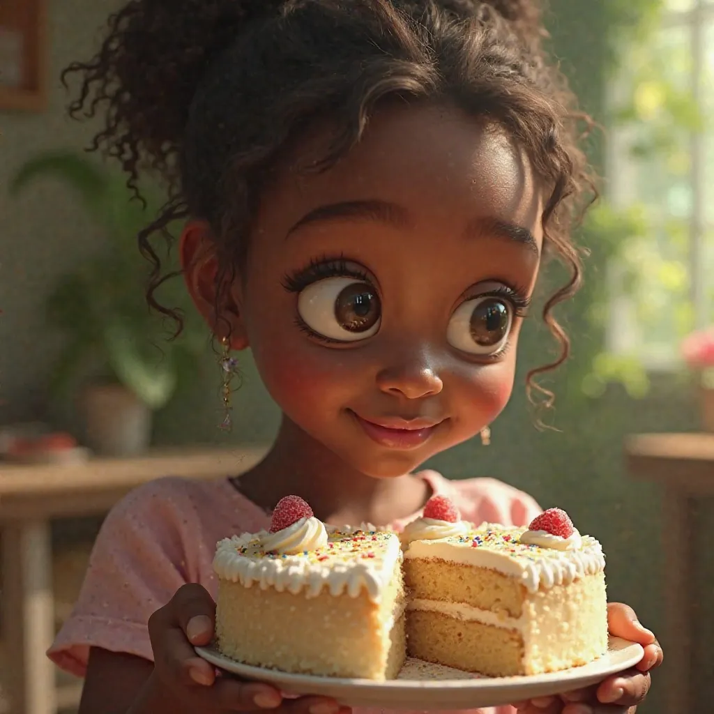 A beautiful realistic African girl eating a delicious cake 