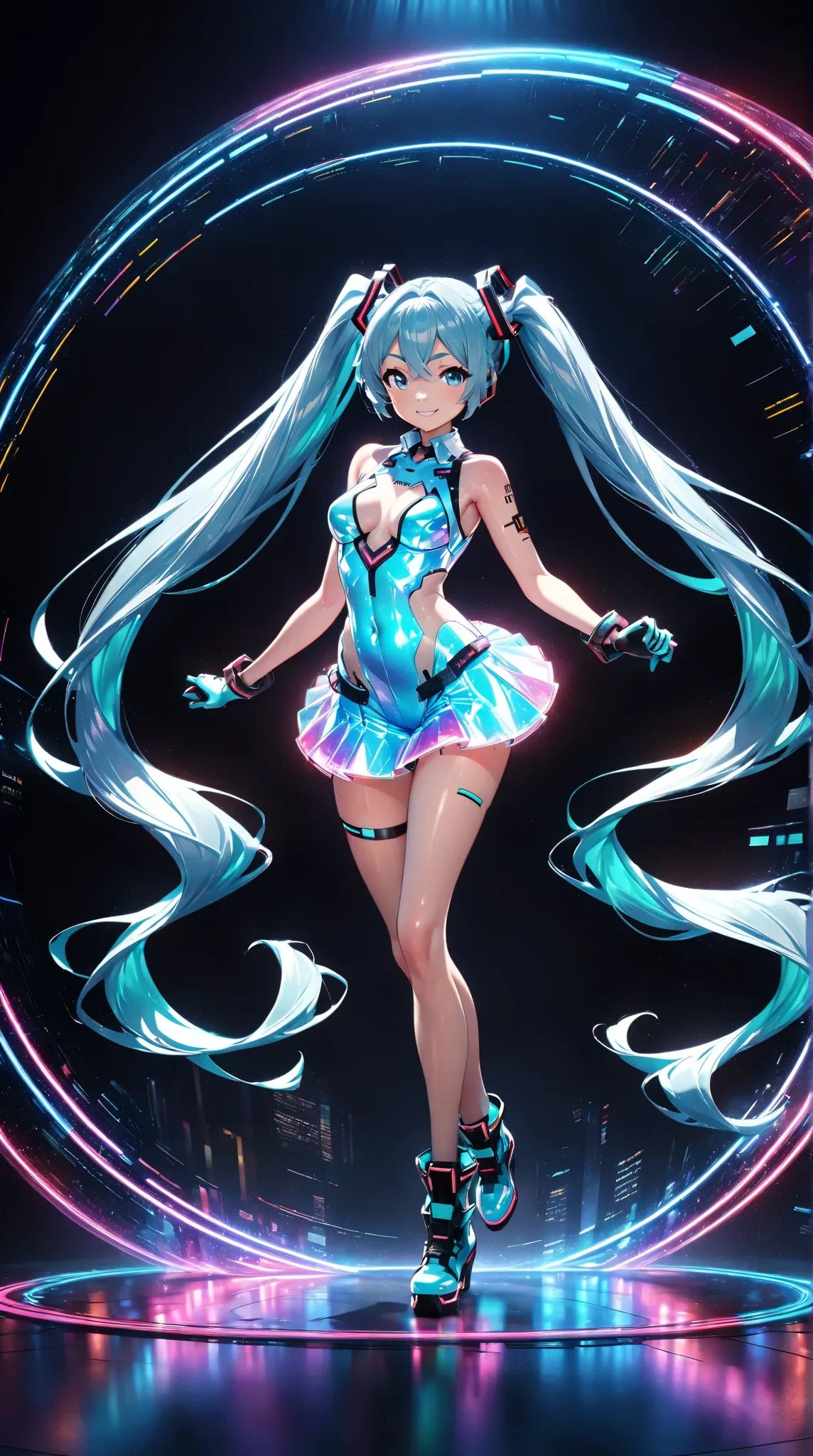 holography,  in neon colors,  Beautiful Holographic _ cyber girl in,  Neon Hologram Suit ,   shiny cyberpunk futuristic costume, ((Hatsune Miku, light blue eyes, light blue hair tied at the top, bungs, full body, Between the eyebrows, long hair, Twin Tails...