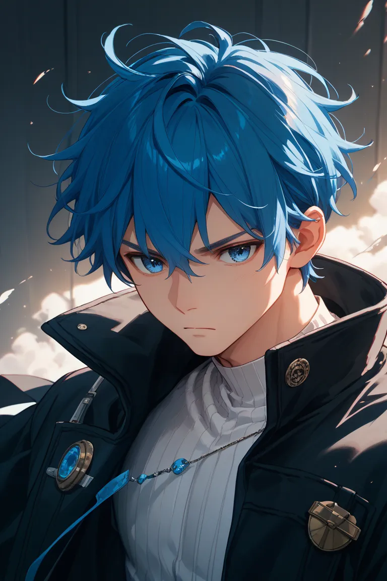 characters、Battle Anime、A boy about 18 years old、Japanese、blue hair、Blue Eyes、black coat