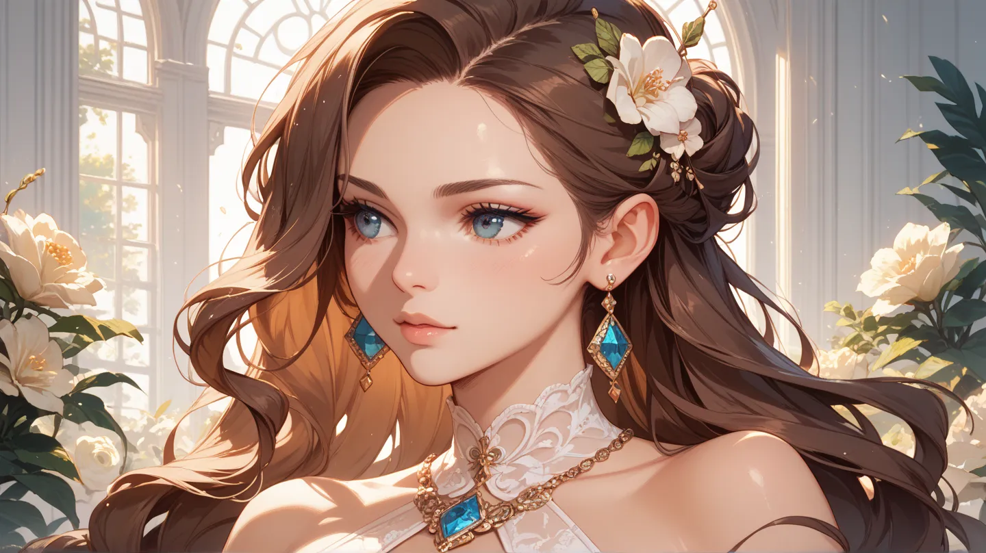 
A beautiful young woman with long brown hair is wearing an elegant top and stylish earrings. She is staring into the distance with a kind expression on her face.