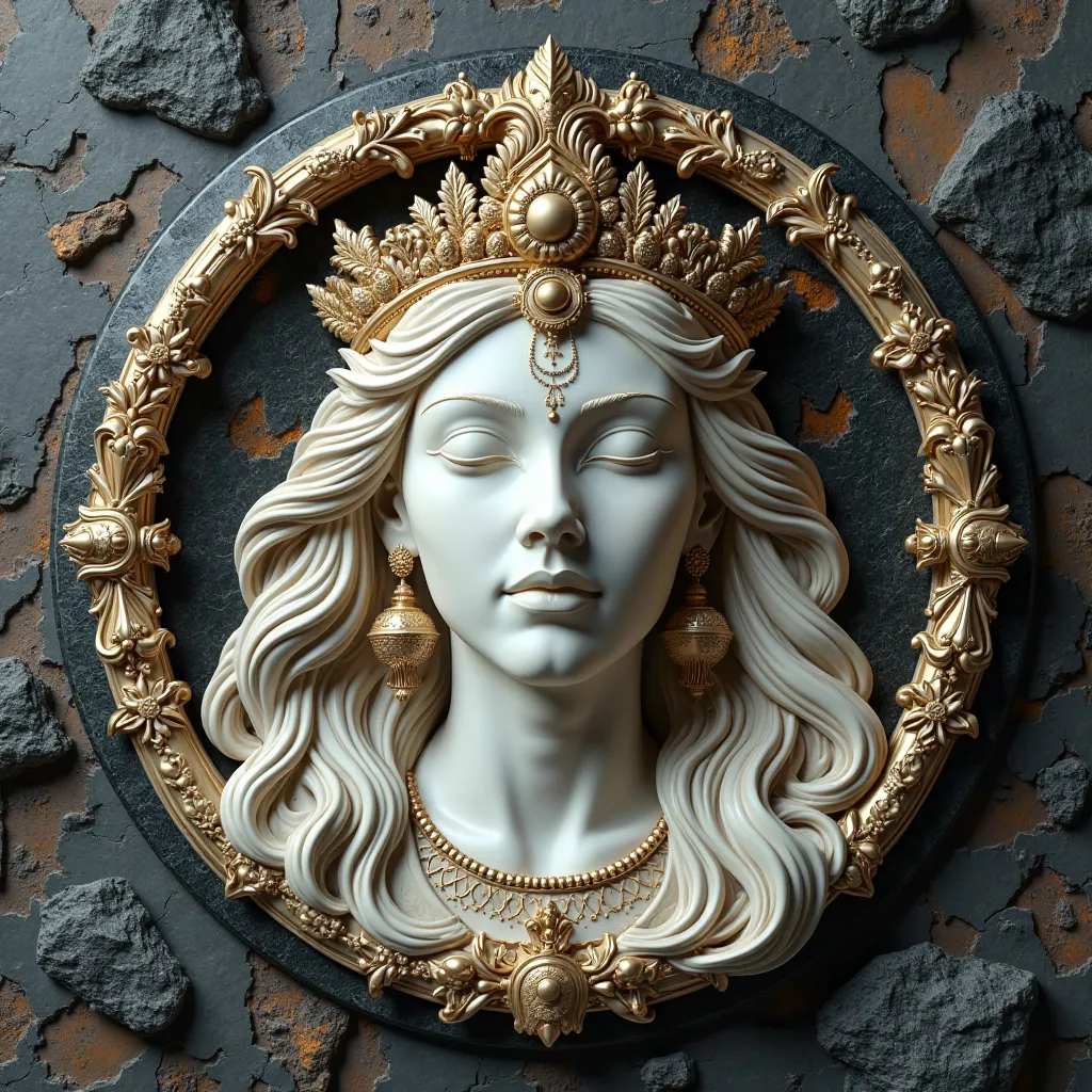 face relief in black, silver an gold stone on wall, of a beautiful godness