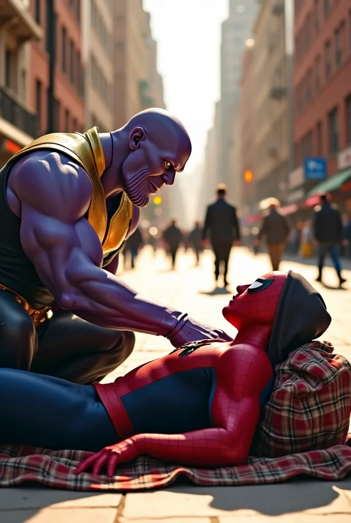 8k realistic ultra HDR A Thanos, a large, purple-skinned, bald humanoid with a muscular build, is kneeling beside a slumped Spider-Man. Spider-Man is wearing a red and blue costume, a dark-colored hooded cloak, and appears to be a young adult male. He is l...