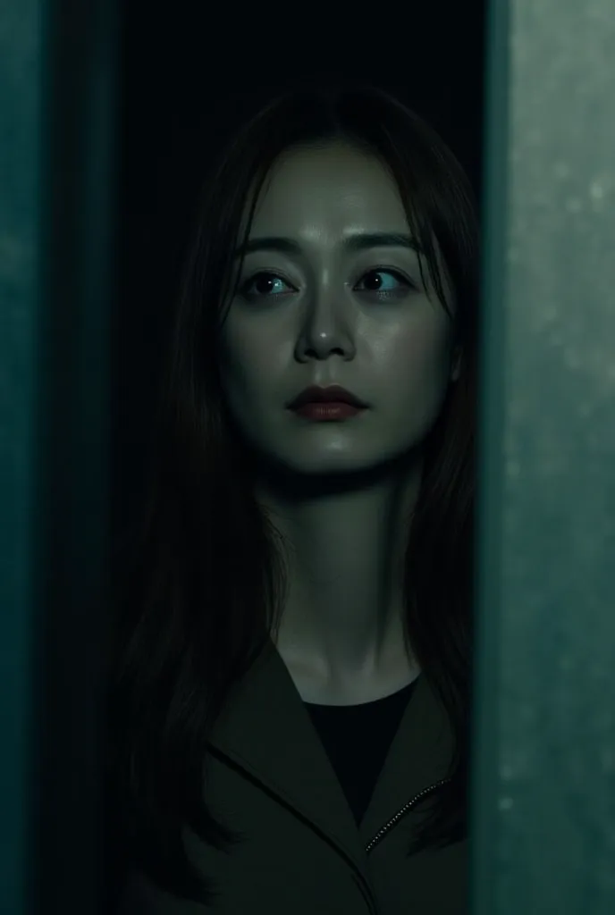 in a horror thriller inside a secrete Room a female-Jeon So Min captured with "asylum Straight Jacket"- sick hollowed, betrachtet den zuschauer direkt in die kamera. Tv drama, dramatic filmish cinematic, fear tears crying trempling