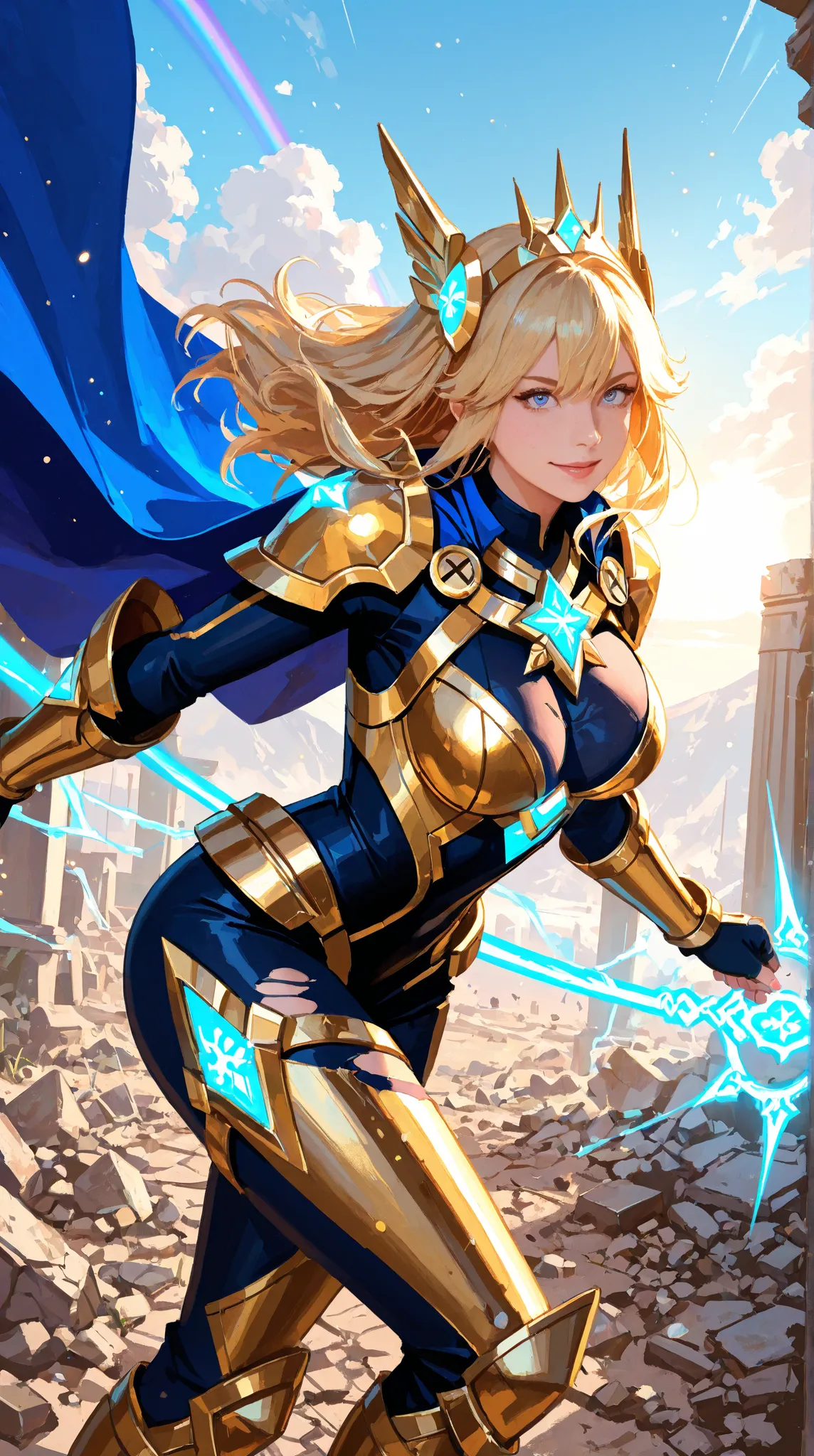 "Ultra-detailed digital artwork of Luxanna Crownguard (Lux), the Lady of Luminosity, in a dynamic pose mid-battle. Appearance: Young woman in her early 20s, fair porcelain skin, bright sky-blue eyes glowing with magical energy, and long golden-blonde hair ...