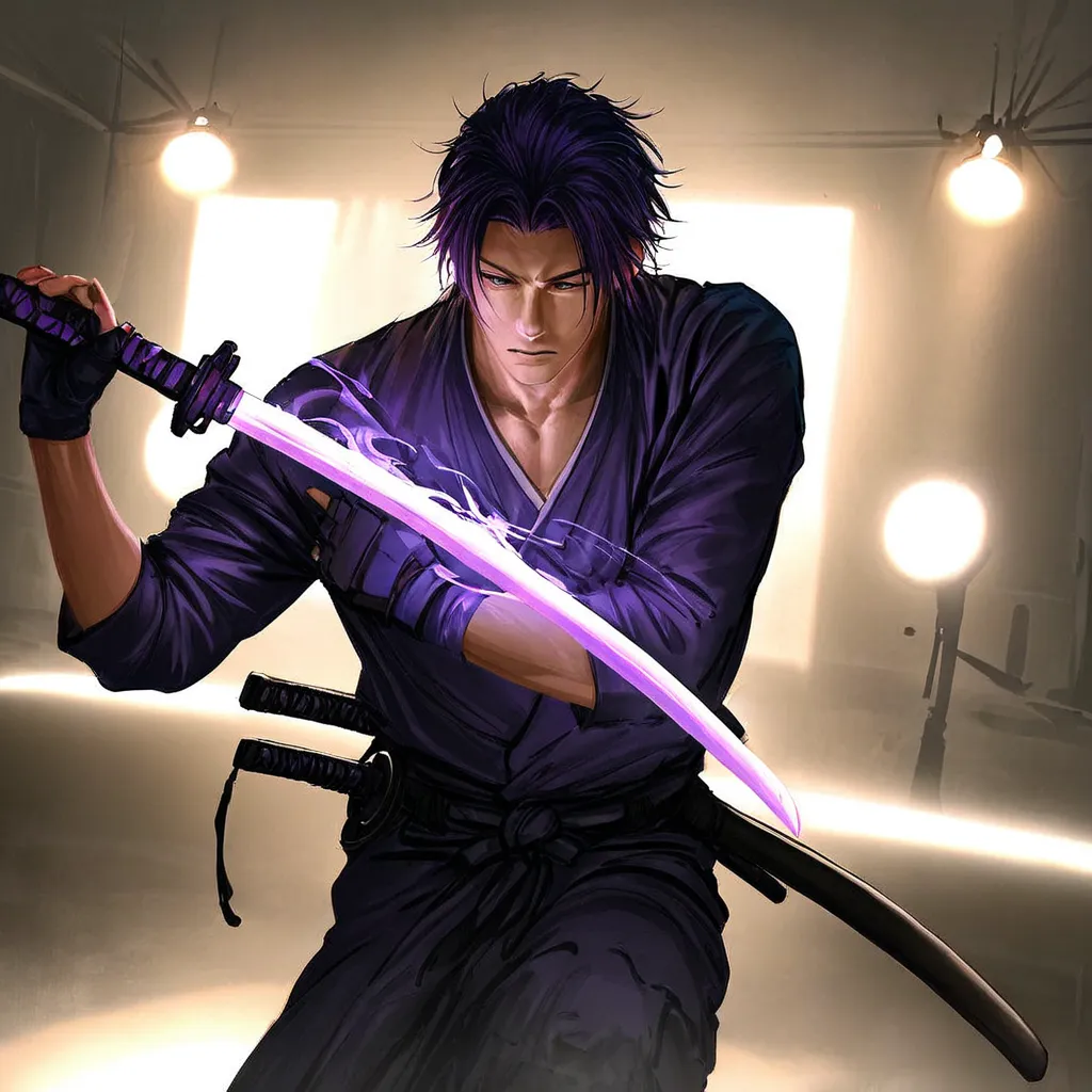 male male in a combat pose with dynamic katana, With a purple power outage, ultra detailed, concept art, studio lighting, physical rendering, hdr, 4k, realistic photography, dark color palette, tonos dramáticos