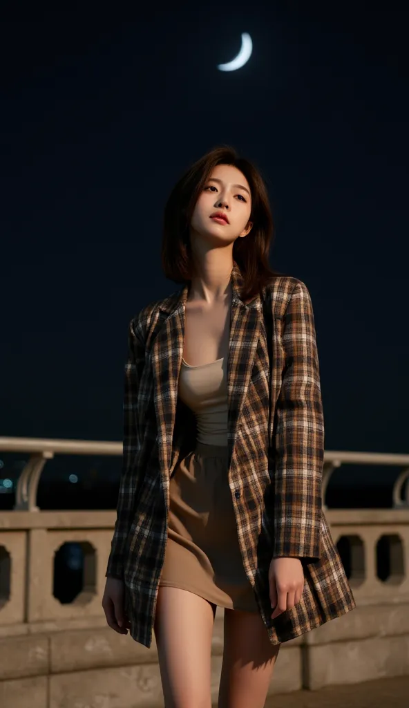 Korean woman in stylish outfit, (plaid blazer:1.3), (beige skirt:1.2), night sky, crescent moon, soft lighting, high detail, ultra-realistic, cinematic, fashion photography, (elegant pose:1.4), (sharp focus:1.5), depth of field, warm color grading – inspir...