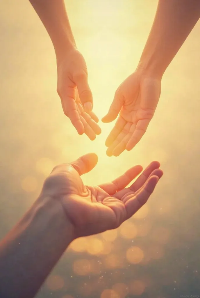 Inspiring poster on 'Helping Hand.' A warm golden light illuminates two hands—one reaching down and the other reaching up—symbolizing hope, kindness, and support. The background should have soft, glowing hues like sunrise or a peaceful sky. The hands shoul...