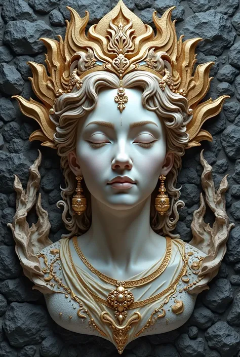 face relief in black, silver an gold stone on wall, of a beautiful godness