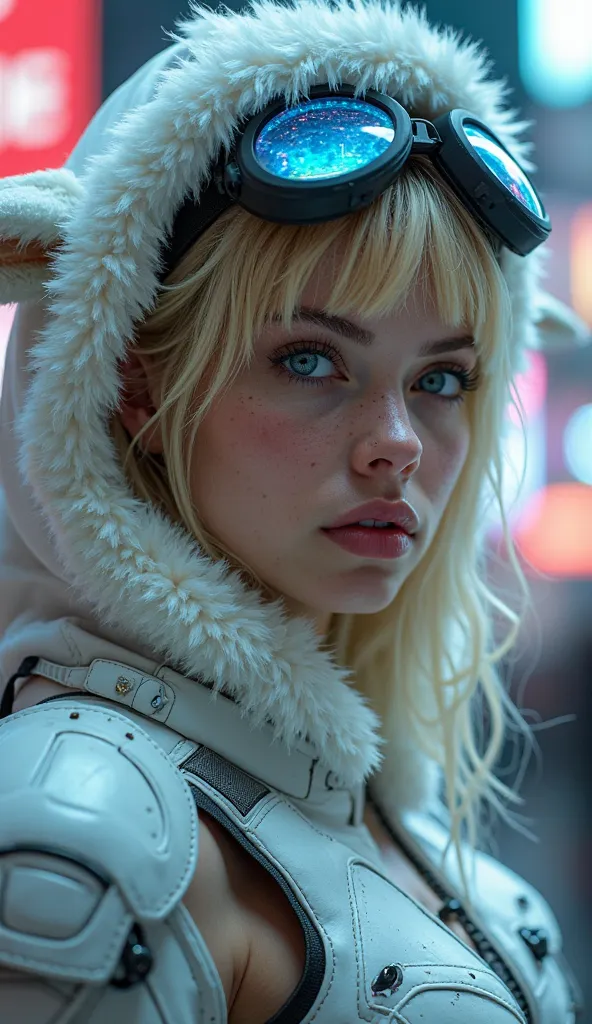 "This scene, set in a cyber-fantasy world, portrays a female warrior equipped with futuristic armor and advanced cyber components in a city where magic and technology collide. This powerful warrior, adorned with white armor accented with metallic and neon ...