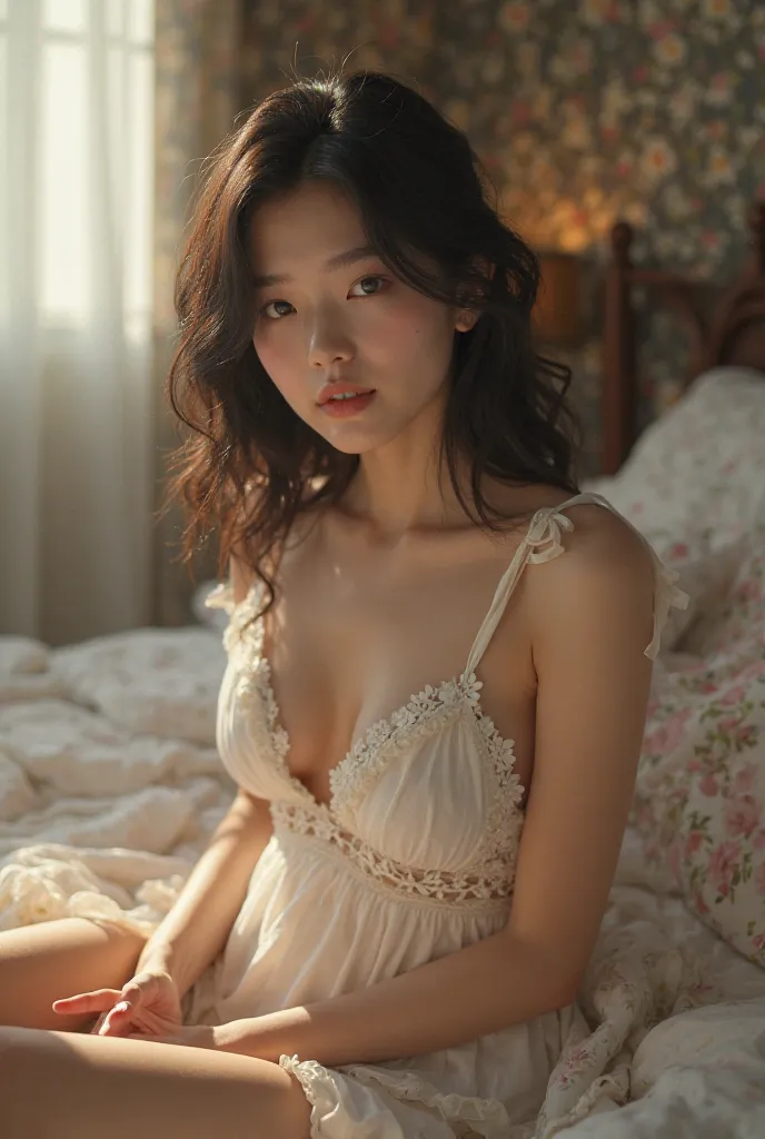 a sexy Japanese 20-year-old beauty，I saw the bottom of the skirt in a short dress，lying on the bed