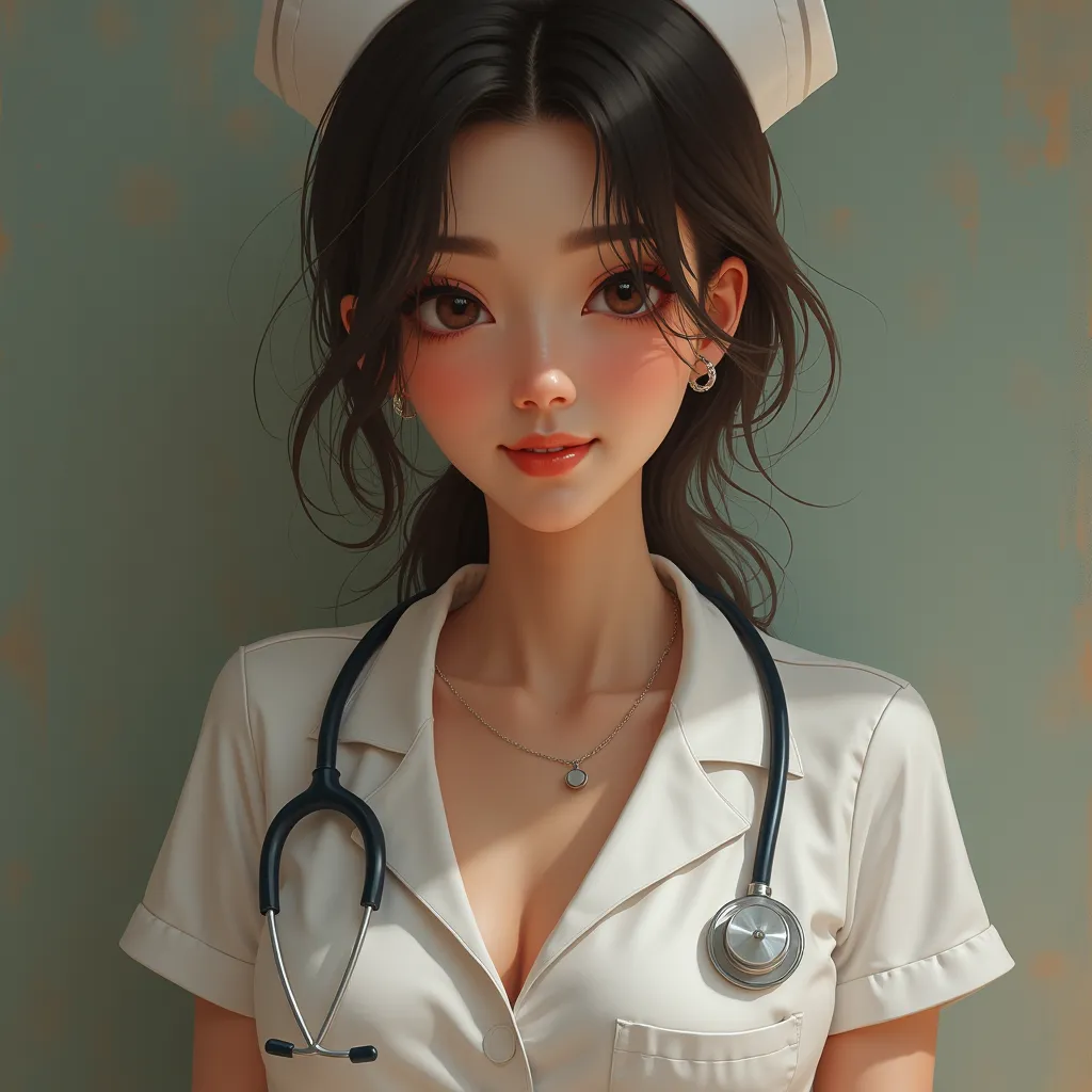 A young, pretty girl, 19 years old, in a nurse's costume. She smiles seductively. 