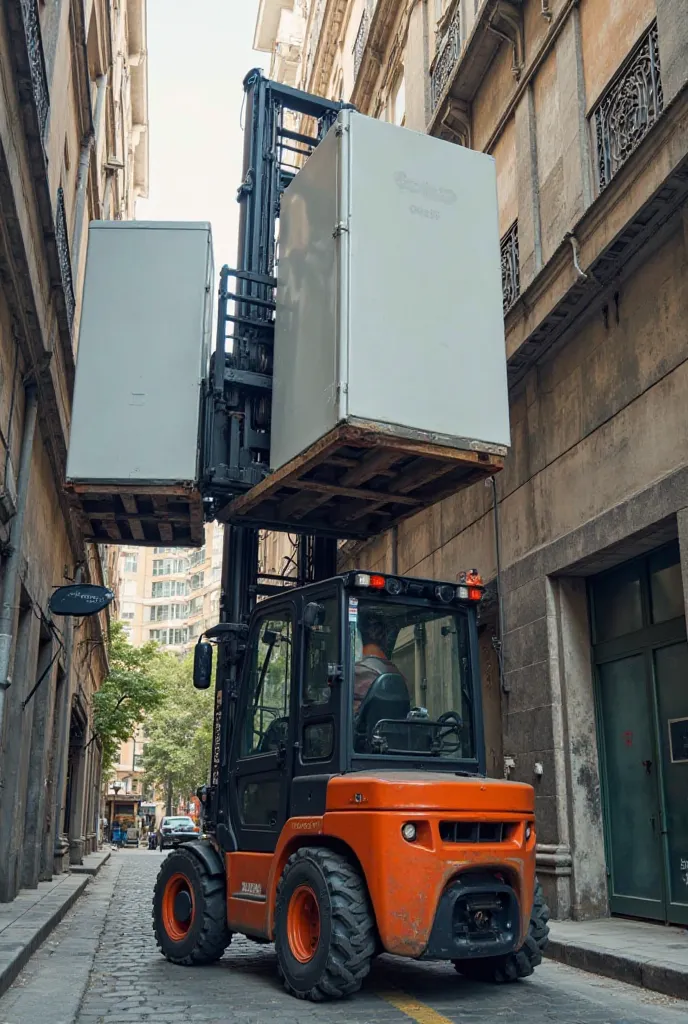 Image where you can see a forklift lifting a refrigerator to a 3rd floor
