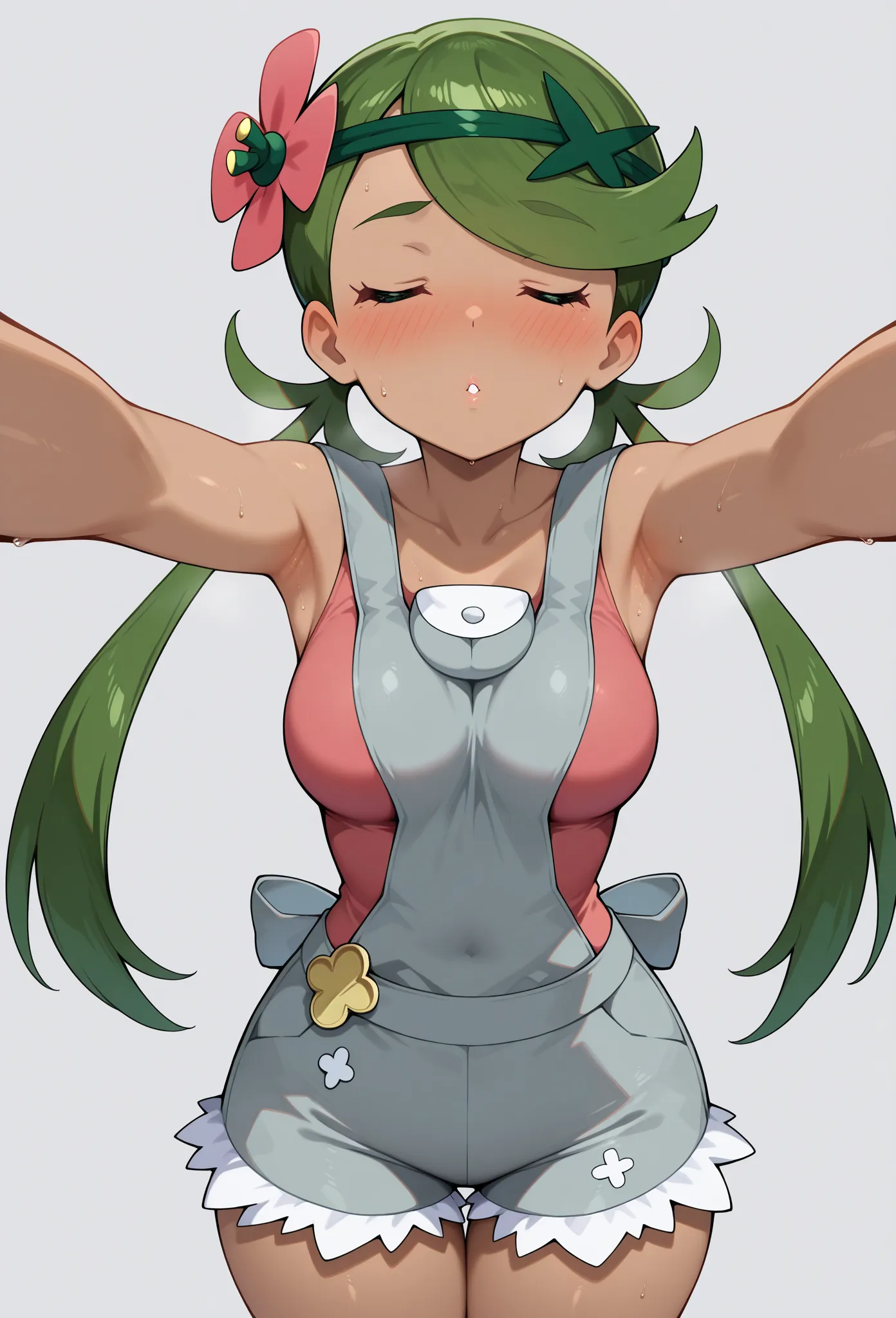 high resolution picture, masterpiece, best quality, amazing quality, , zzMallow, green hair, green eyes, hair flower, hair ornament,
zzMallow, green hair, green eyes, hair flower, hair ornament, grey overalls, pink shirt, sleeveless, grey shorts, medium br...