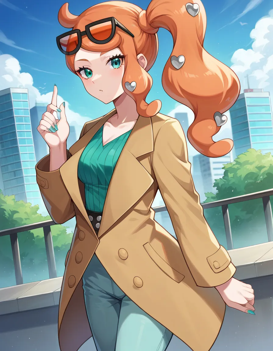 score_9, score_8_up, score_7_up, source_anime,
pokemonsonia, pokemonsonia, aqua eyes, heart, heart hair ornament, long hair, long sleeves, orange hair, side ponytail, swept bangs,
aqua footwear, aqua nails, aqua shirt, brown coat, brown jacket, coat, colla...