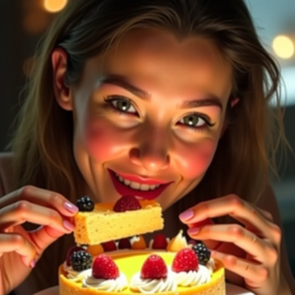 Une jeune femme magnifique, au teint éclatant et aux traits réalistes, savourant un délicieux gâteau. Son expression reflète le plaisir et la gourmandise, avec un léger sourire et les yeux pétillants. Le gâteau est richement décoré avec de la crème onctueu...