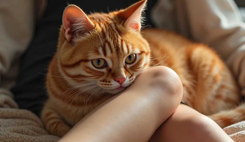 an orange cat with a Japanese face lying on the legs of a woman in a mini skirt,  photorealistic , best quality, The cat licks the woman's legs