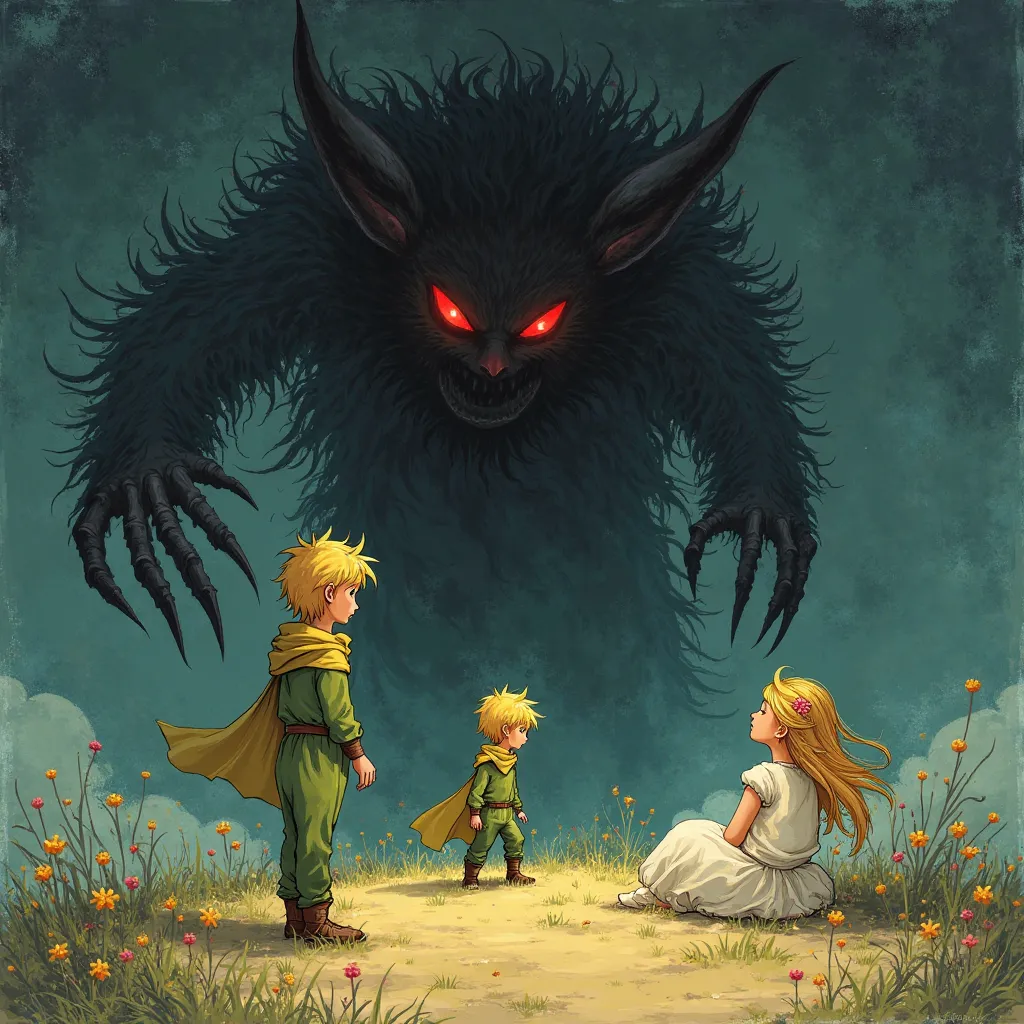 Little Prince, green clothes and pants, yellow scarf around your neck, Yellow belt around the waist, blond hair, With your back to the scene observer, Face a gigantic diabolic red-eyed shadow that extends its claws. Atrás do Little Prince, being protected ...