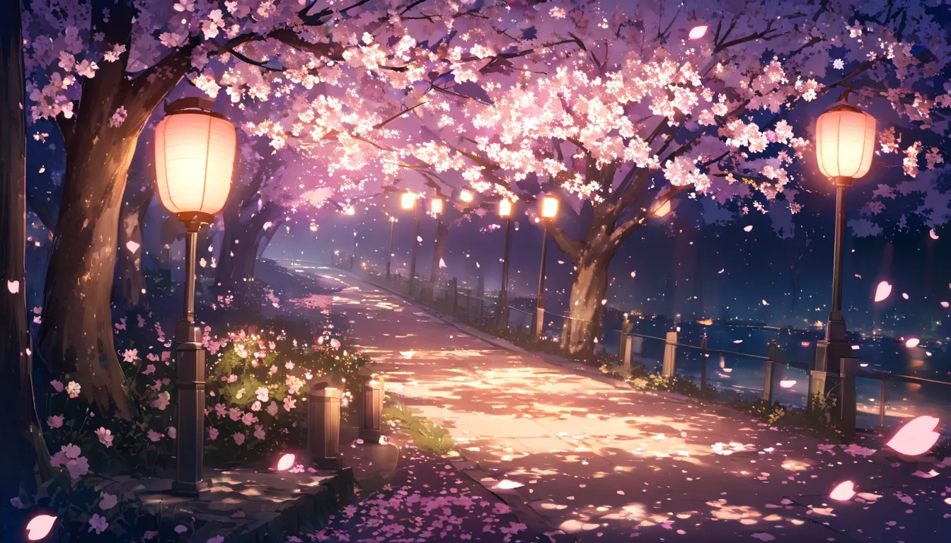 A night scene of cherry blossoms illuminated by soft lantern light. The petals glow under the gentle lights, and a quiet sense of nostalgia fills the air.