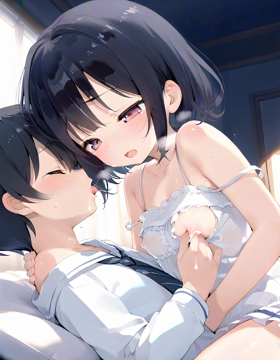 (masterpiece,beautiful,hughres,CG,8k,16k,best quality,high-resolution:1.5),anime,source anime,illustration,(pale colour:1.2),form above,(close-up:1.4),(face focus:1.4),(bedroom,evening,dark room:1.2),(loli,is young,Baby Face,round face:1.5),(Shota:1.2),(hi...