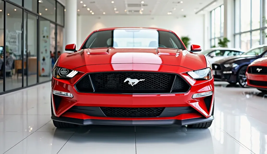 Front view of painted red  with shiny clour 2025 Ford Mustang in sleek in large shape sedan in large size 2025 Ford Mustang 2025 Ford Mustang logo on its large detailed grille in shiny black clour with angular sporty design captured from close back view wi...