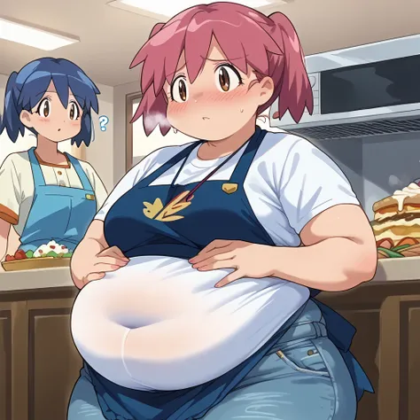 score_9, score_8_arriba, score_7_arriba,   source  _anime, Natsumihinata, natsumi hinata, short hair, twin pigtails, pink hair, brown eyes,
shirt, white shirt, short sleeves, pants, apron, denim, jeans, blue apron,, gordo body, wide waist big .  sexy body,...